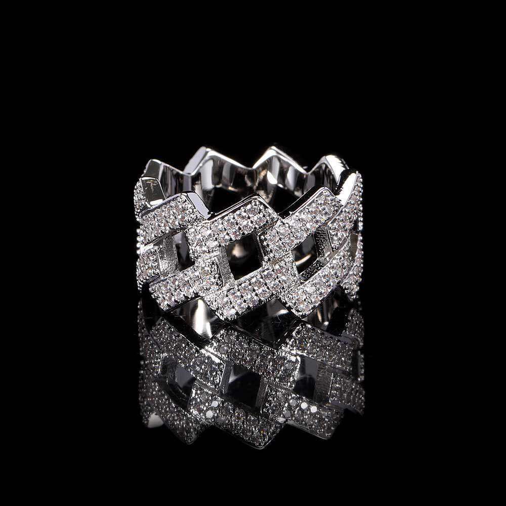 14mm Diamond-Shaped Cuban Real Gold Plated Double Row Zircon Trendy Hip Hop Men's Ring 8d34