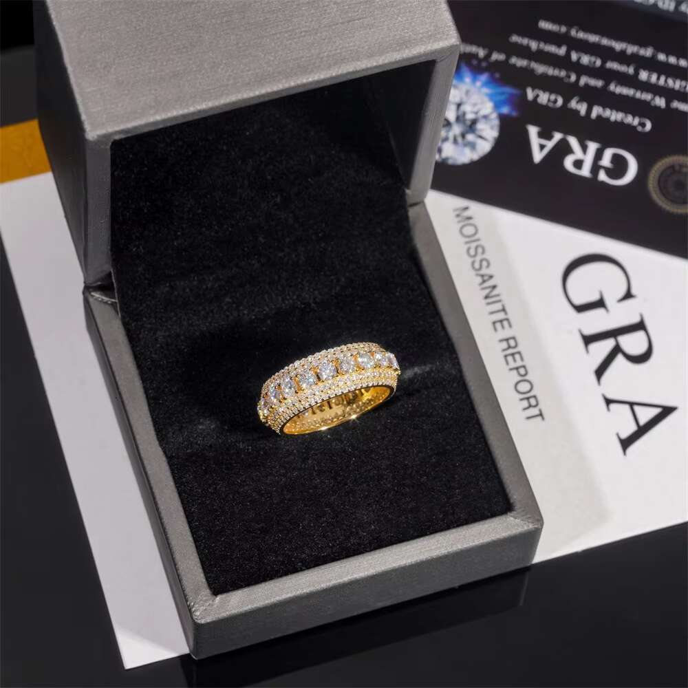 Hip Hop Engagement 925 Silver Gold Plated 5 Rows VVS Moissanite Diamond Eternity Size 8 Wedding Ring