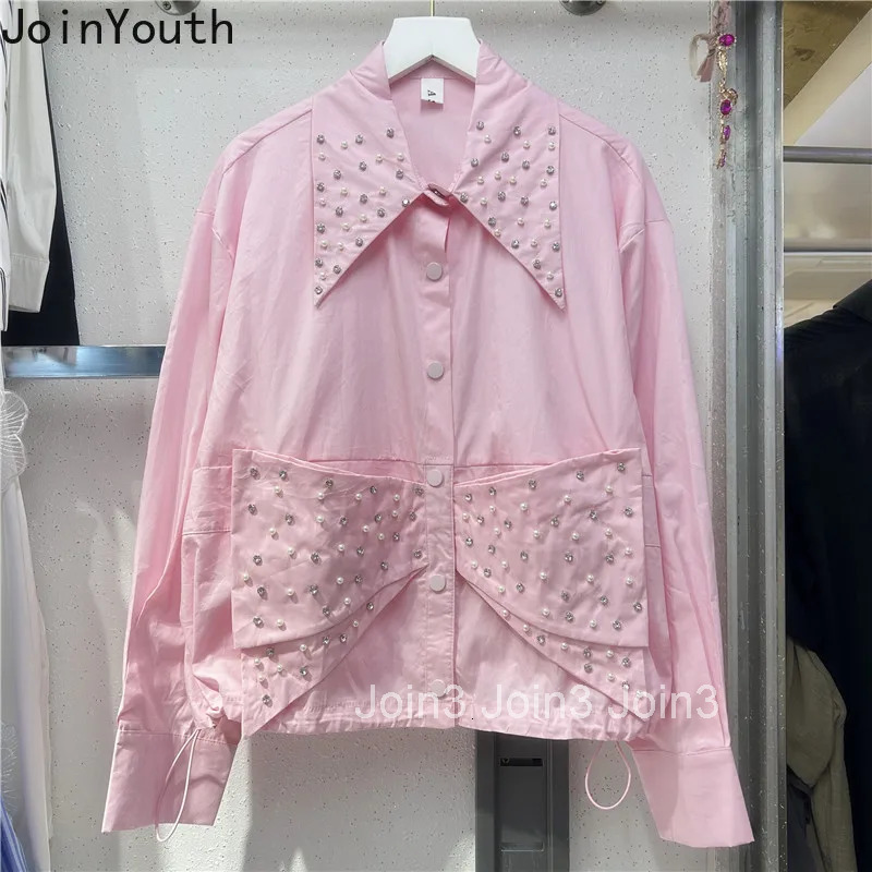 2025 Camisas De Mujer Korean White Blouse Womens Clothing Bow Folds Beading Diamond Shirt Loose Fashion Blouses Tops Female