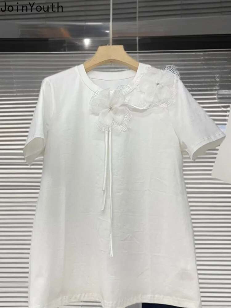 White Shirts for Women Summer T Shirts Heavy Diamond Floral Casual Tees Short Sleeve O-neck Camisetas Y2k Tops 2025 Ropa Mujer