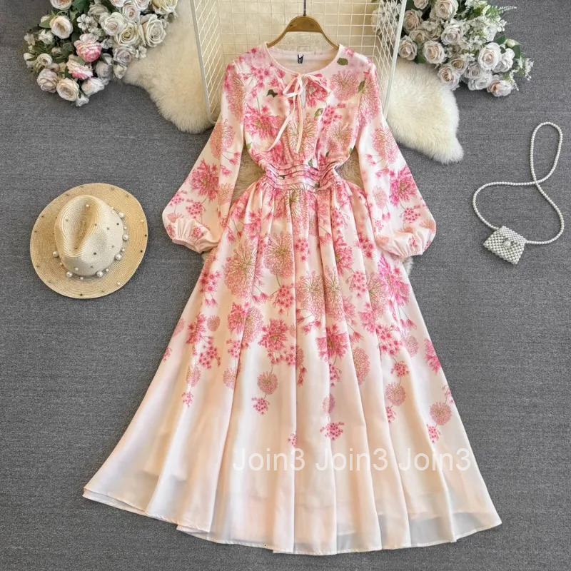 Elegant Women Dresses Slim Waist Long Sleeve O-neck Vintage Robe Femme 2025 Vestidos De Mujer A-line Big Swing Floral Maxi Dress