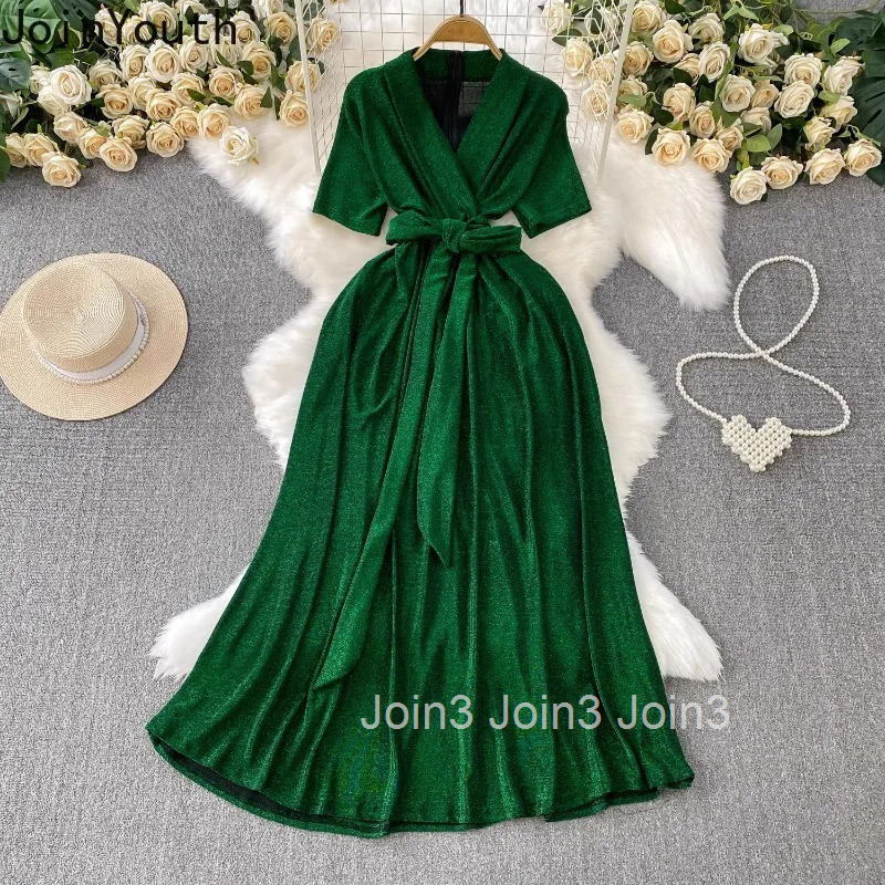 Maxi Dress for Women Bandage Slim Waist Tunic Robe Femme V-neck Short Sleeve Big Swing Summer Dresses 2025 Vestidos De Mujer