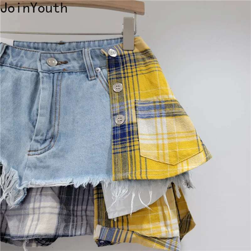 Y2k Skirts for Women 2025 Faldas Mujer De Moda High Waist Casual Chic Jupe Korean Summer Saia Patchwork Plaid Denim Mini Skirt