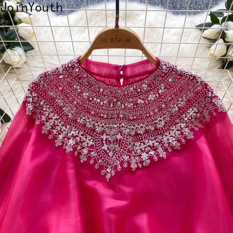 Camises De Mujer Heavy Beading Blouses for Women Lantern Sleeve Loose Shirts Solid Color Vintage Summer Blouse Temperament Tops