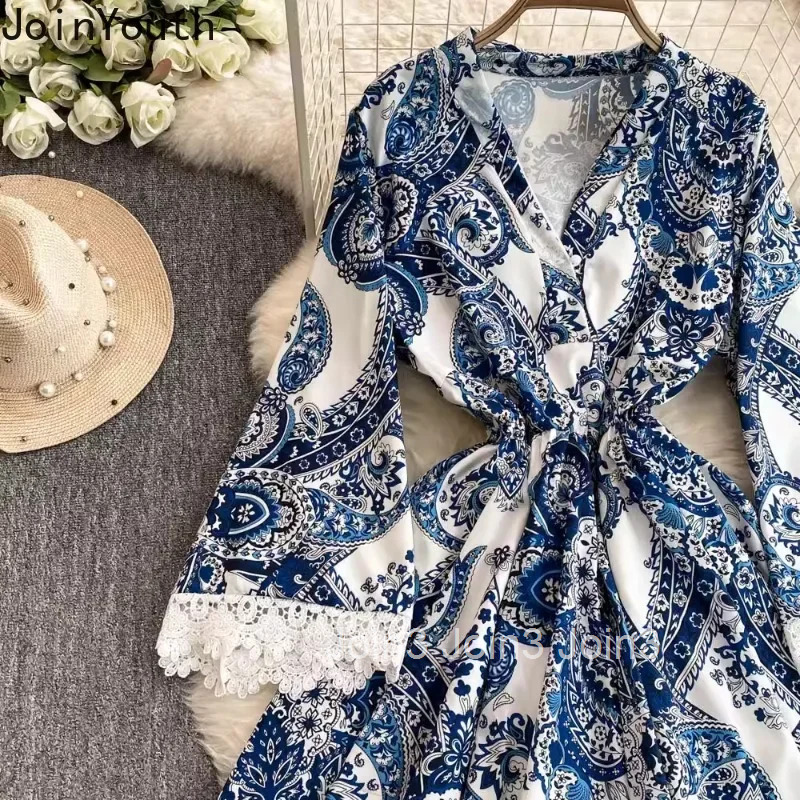 Temperament Floral Robe Femme Vintage Maxi Dresses for Women 2025 Vestidos De Mujer V-neck Flare Sleeve A-line Slim Waist Dress