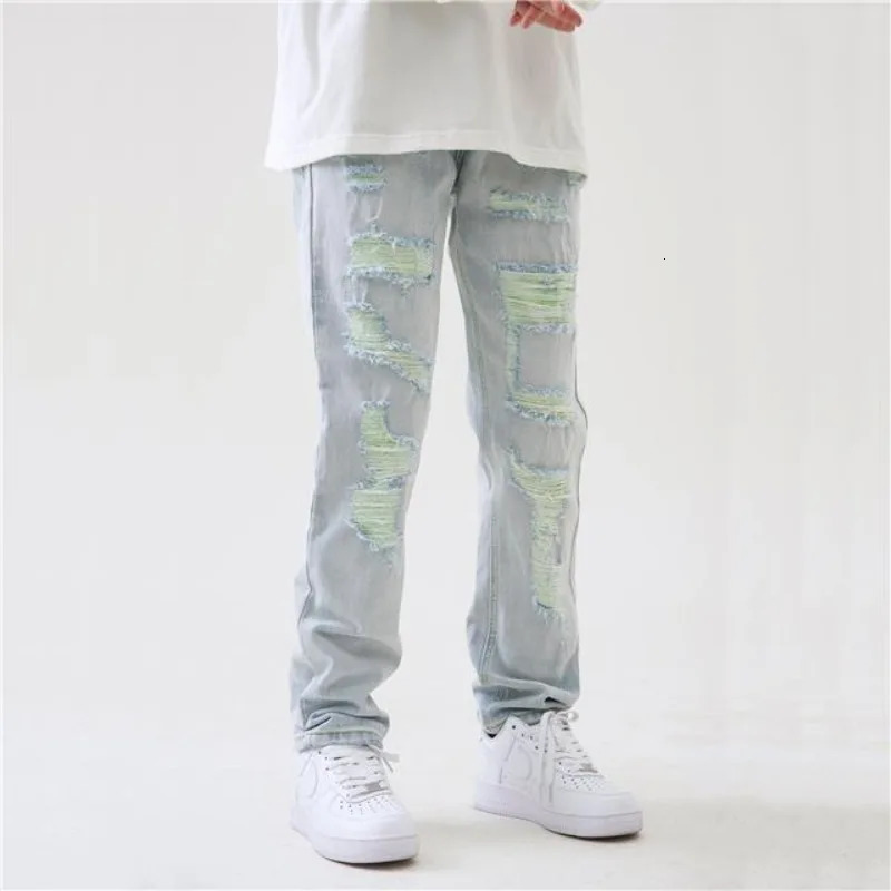 Distressed Trendy Street Ripped Light Blue Jeans Men Slim Fit Hip-hop Korean Style Pants Casual Summer Washed Denim Jeans 250617