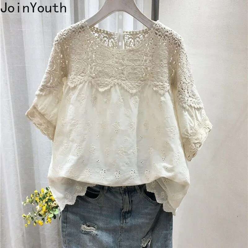2025 Blusas Mujer De Moda Blouse Women Short Sleeve Embroidery Cotton Shirts Oversized Tops Hollow Out Vintage Summer Blouses