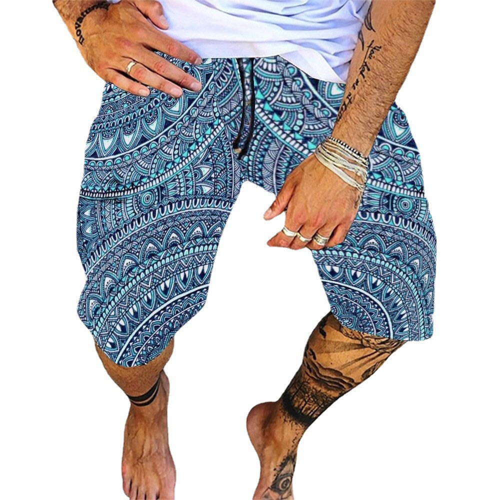 Foreign Trade 2025 European and American Men's 3D Print Loose Casual Cotton Linen Drawstring Shorts Sports Five-Point Beach Shorts for Men