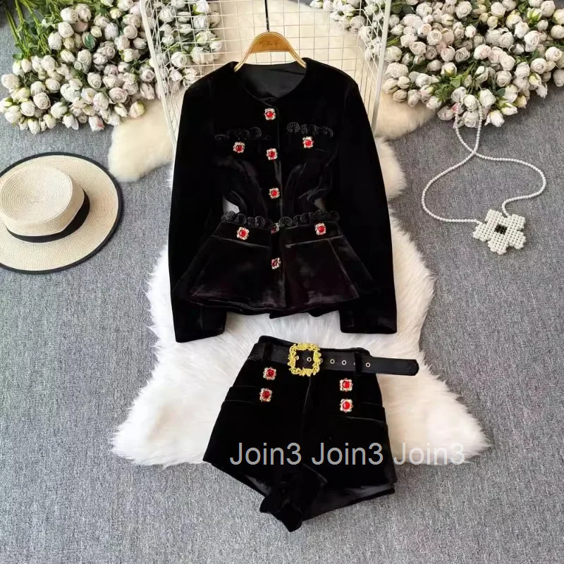 Vintage Two Piece Sets Women Outfits Women Clothes O-neck Belt Tunic Jackets Slim Waist Shorts Suit Roupas Femme Chic Velvet Set