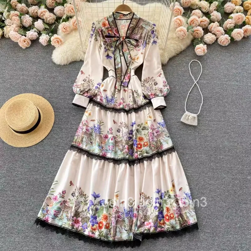 Maxi Dresses for Women Elegant Floral Summer Robe Femme 2025 Vestidos De Mujer Patchwork Lace Bandage High Waist Vintage Dress