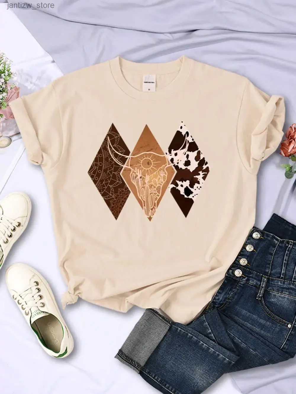 T-Shirts Kawaii Woman Cowboy Style Pattern Printed Short Sleeve Breathable O-Neck Soft T Shirts Summer Street Female Clothes