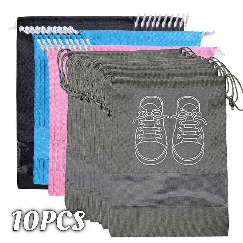 10pcs Shoes Storage Organizer Bags Nonwoven Travel Portable Closet Bag Waterproof Pocket Clothing Tranparent Hanging 250612