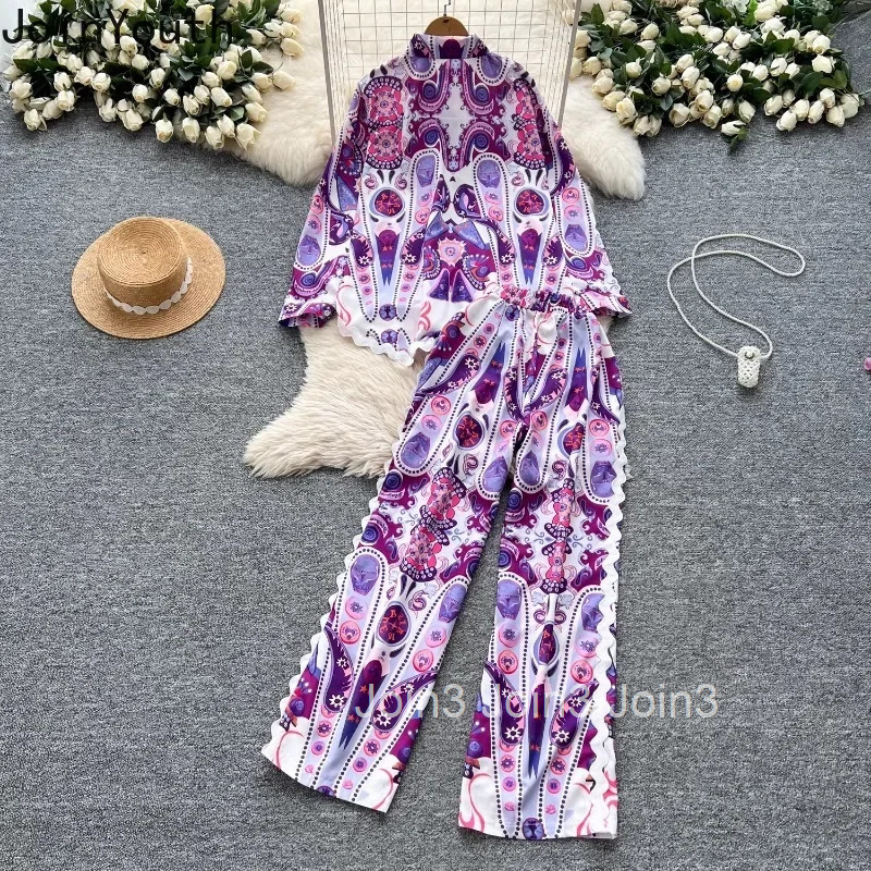 Women Clothes Pants Outfits 2 Piece Sets Roupas Femme Long Sleeve Loose Blouses High Waist Wide Leg Pants Suit Summer Floral Set