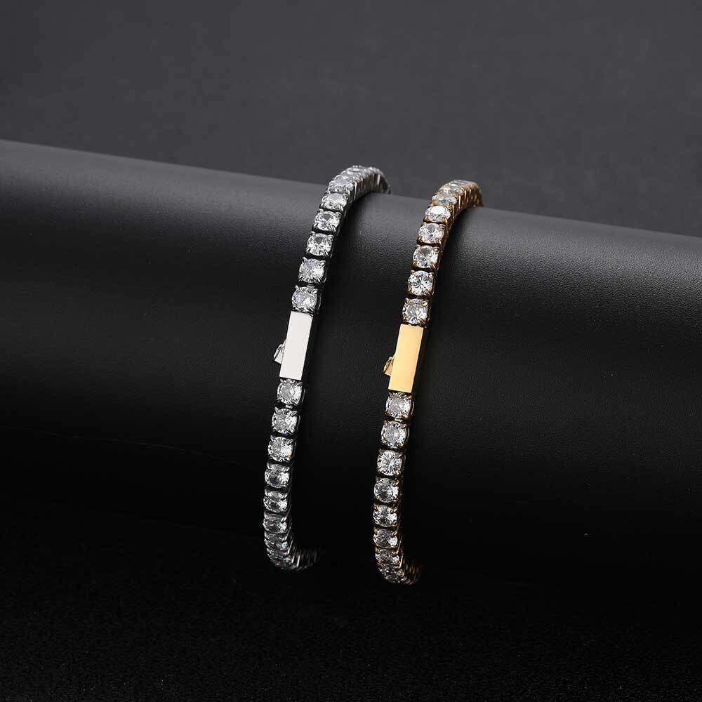 4mm Spring Buckle Stainless Tennis Chain Hip-Hop Zircon Necklace High-End Titanium Steel Men's Bracelet 1466