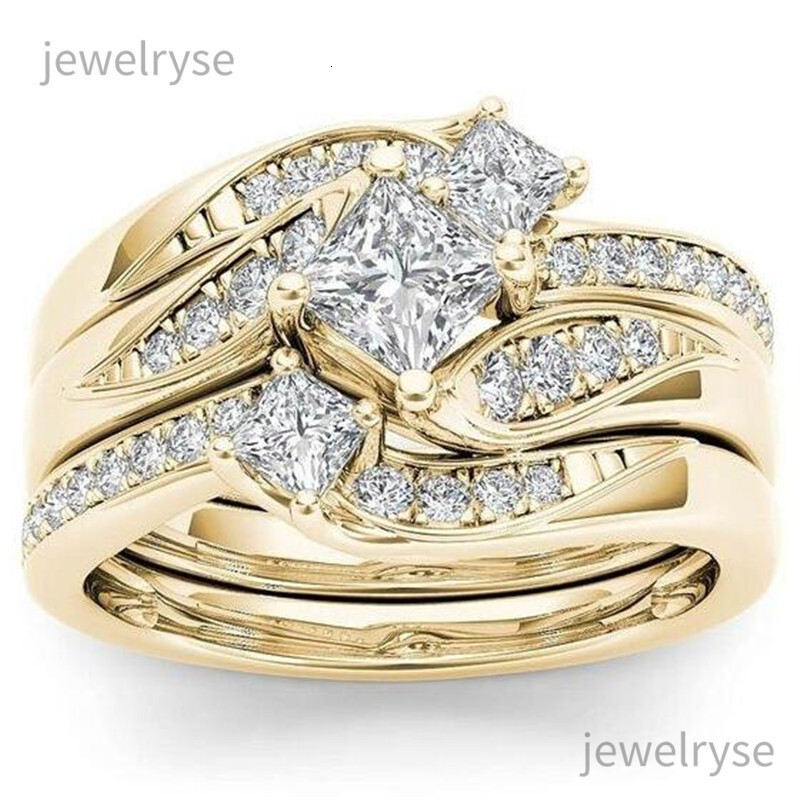 Luxury Jewelry 925 Sterling Silver Gold Fill Princess Cut White Topaz CZ Diamond Gemstones Eternity Women Wedding Engagement Band Ring Gift