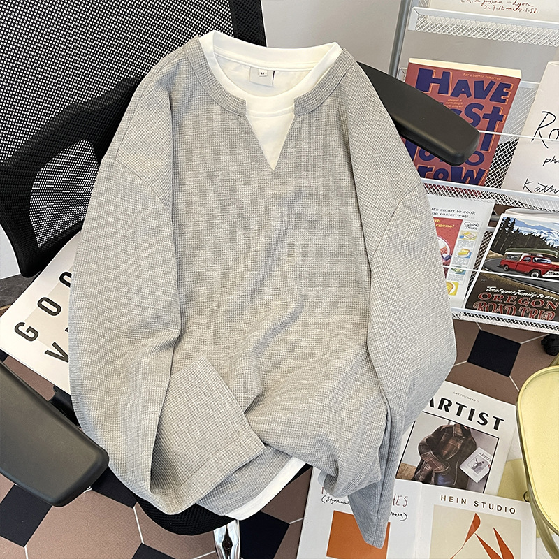 Spring and Autumn Waffle Fake Two-Piece Long Sleeve T-Shirt for Men Cleanfit Trendy Brand Simple Casual Loose Top