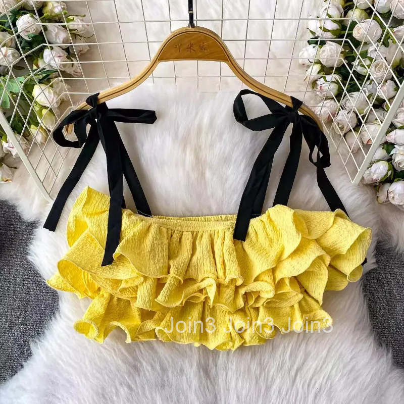 Women Clothes Sweet Vest Crop Tops Bandage Bow Ruffles Tees Fashion Sweet Tees Korean Sexy Camis Backless Folds Summer Y2k Tanks