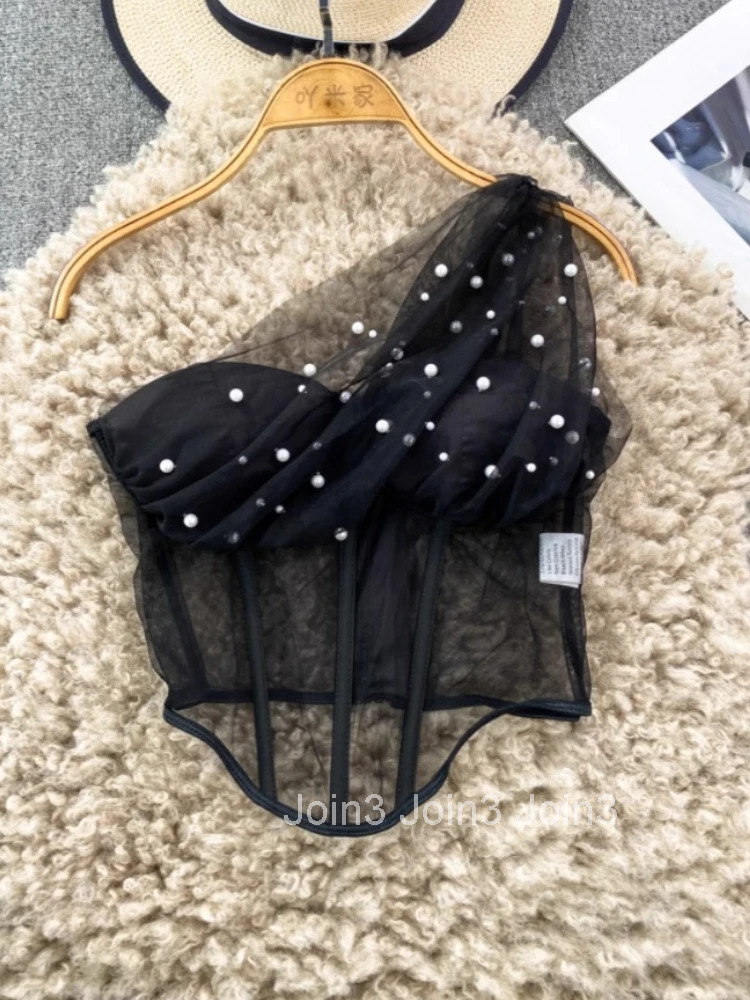 Fashion Tank Crop Tops Women Clothing Tunic Sleeveless Beading Camis Off Shoulder Gauze See Through Y2k Top Korean Sexy Vest