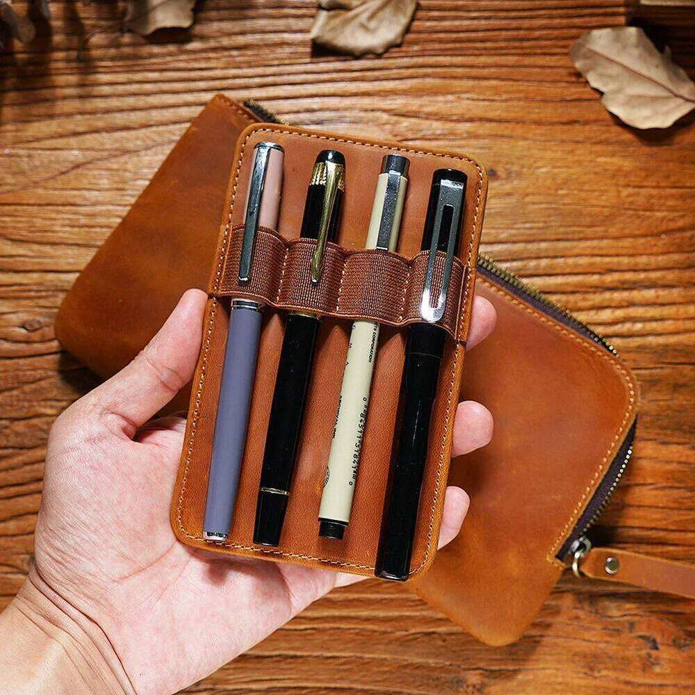 Handmade Zipper Case Leather For Men Women Holder Pouch Vintage Pen Box Organizer Boys Girls School Student Stationery