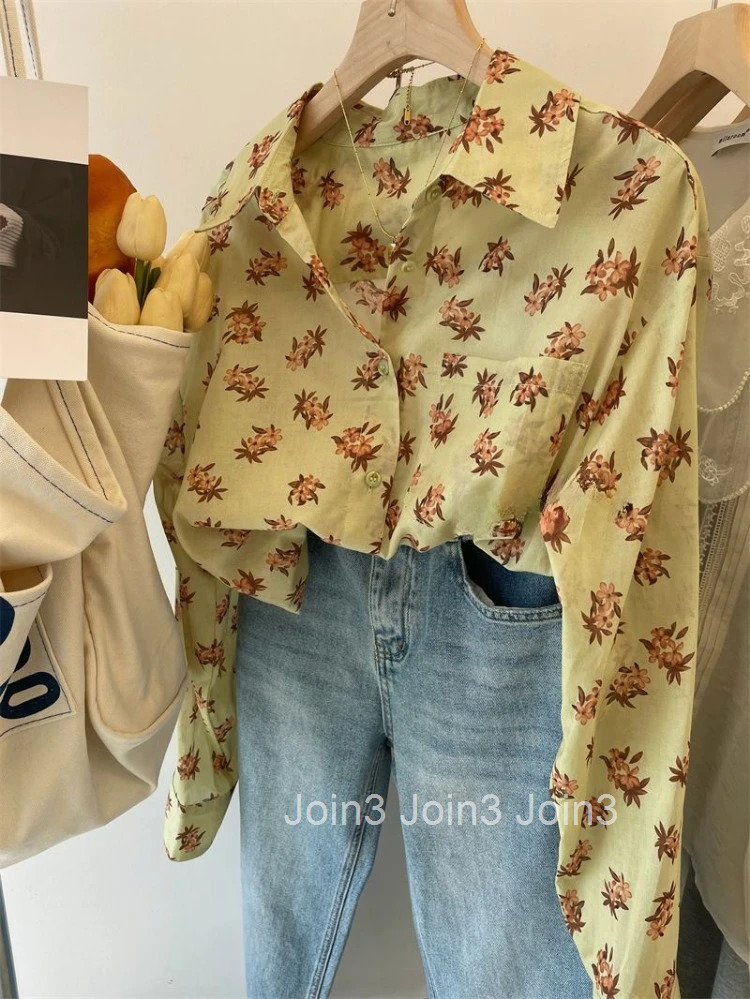 Oversized Blouse Women Clothing Camisas De Mujer 2025 Long Sleeve Fashion Pocket Casual Shirts Print Vintage Korean Blouses Tops