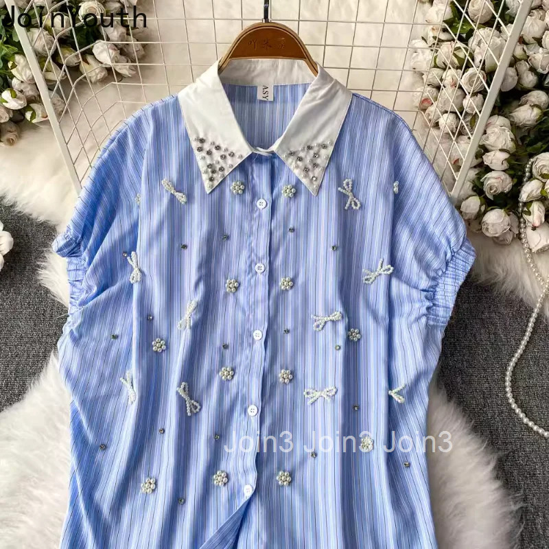 2025 Blusas Mujer De Moda Summer Blouses Womens Clothes Beading Loose Vintage Shirts Short Sleeve Fashion Striped Blouse Tops