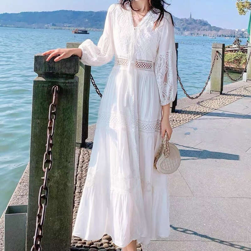 White Skirt Maxi Skirt Yunnan Style Fairy Spring Summer White Sweet French Puff Sleeve Over The Knee Long Beach Outing Dress Long Skirt