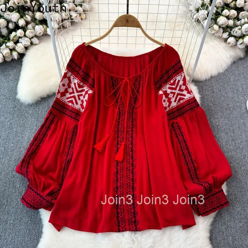 Vintage Shirt Womens Clothing Heavy Embroidery Temperament Blouses Loose Tops Bandage Tassel Summer Blouse Camisas De Mujer