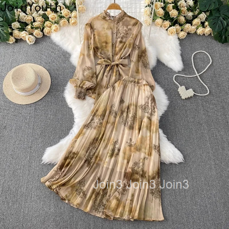 Women Clothing Skirt Suit Summer Floral Print 2 Piece Set Stand Neck Lantern Sleeve Bandage Shirt A-line Pleated Skirts Outfits