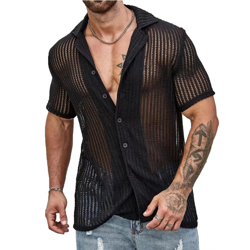 Summer Knitted Mens Polo Shirts Slim Button Lapel Short Sleeve Cardigan Tee Men Polos Fashion Solid Color Hollow Breathable Top 250619