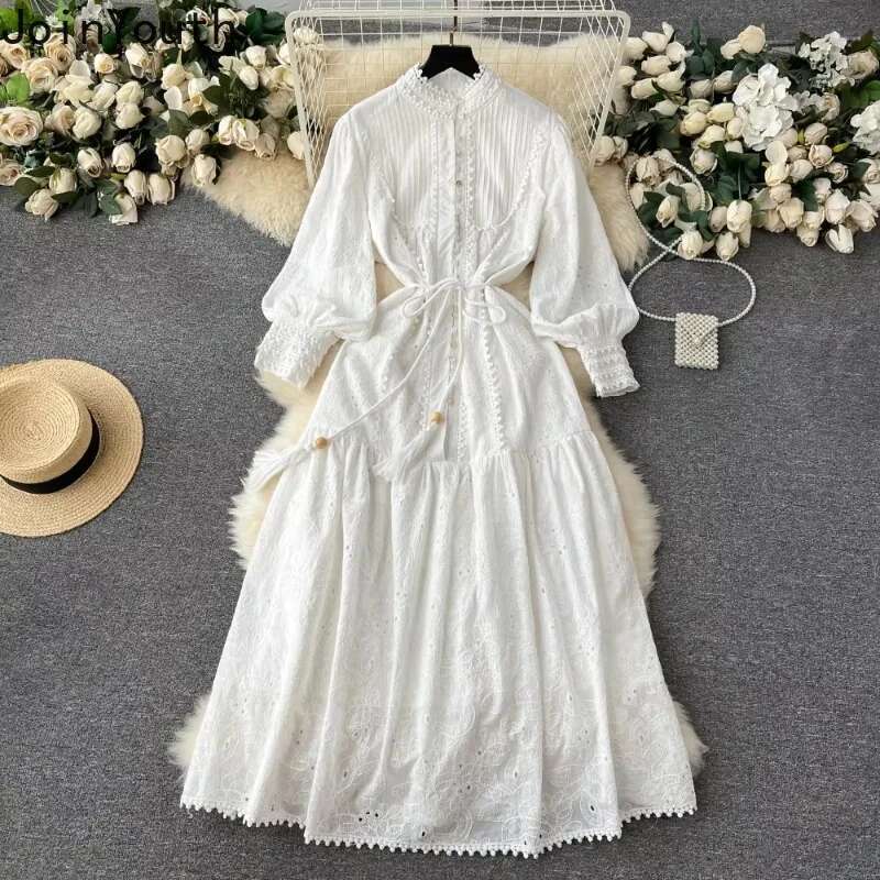 2025 Vestidos De Mujer Tunic Stand Collar Lantern Sleeve Dresses Sweet Heavy Embroidery Crochet Hollow Out Vintage Dress Women