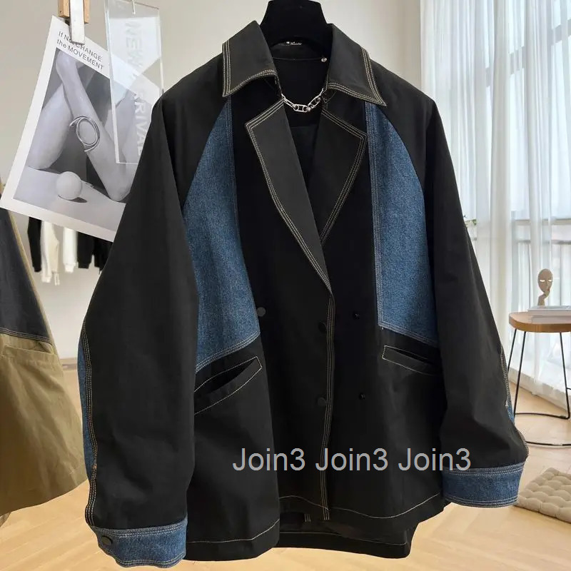 Harajuku Jackets for Women Denim Patchwork Casual Oversized Coats Outwear Fashion Contrast Color Clothes Y2k Coat Korean Tops