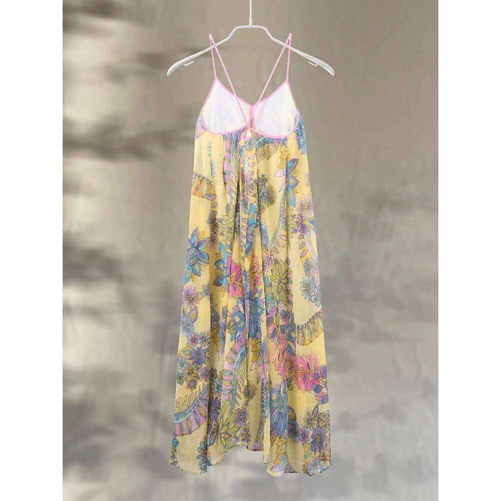 Print Floral Women's Dress Halter V-neck Sleeveless Hollow out Straight Female Dresses 2025 Summer Elegant Vacation Lady Robe