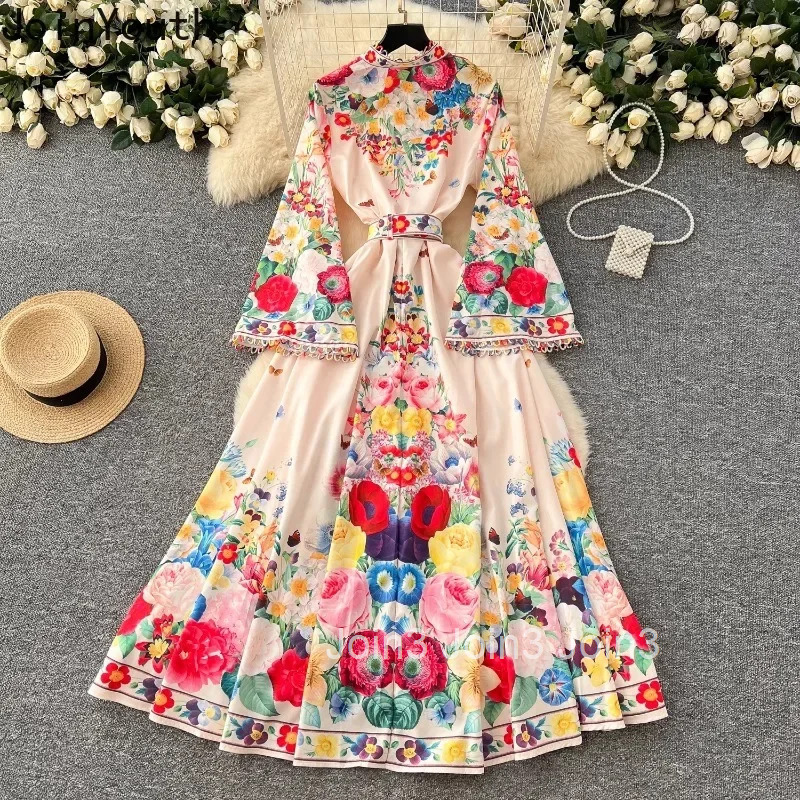 Vintage Floral Dresses for Women Flare Sleeve Slim Waist Single Breasted Robe Femme Vestidos De Mujer Elegant Summer Maxi Dress