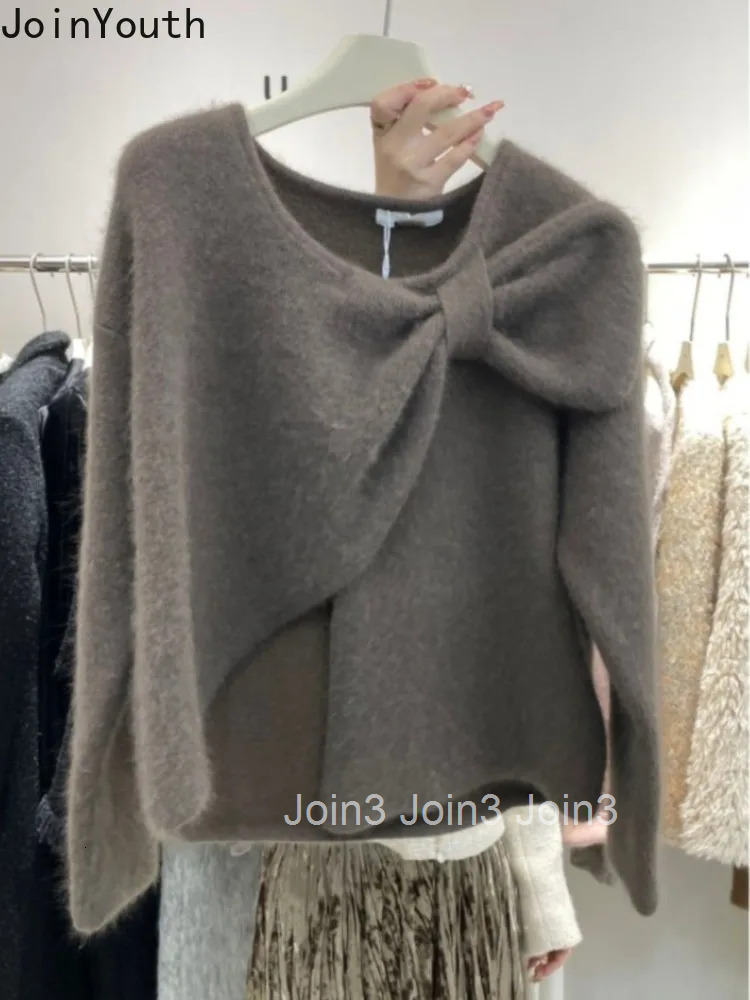 Korean Sweater Fall Winter Clothing Temperament Jumper Bow Thicked Sueter Mujer Vintage Warm Solid Color Pullovers Pull Femme
