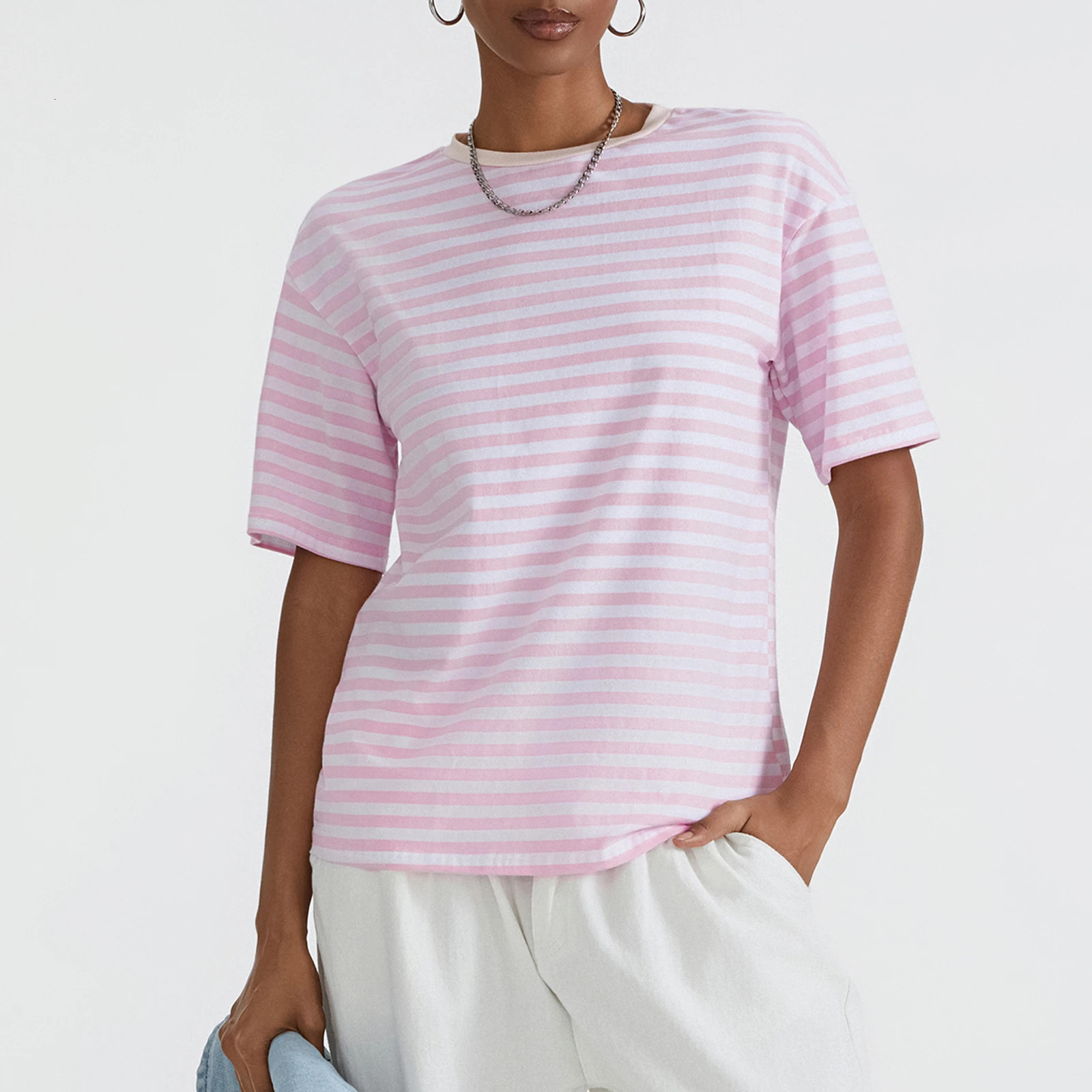 Puloru Summer Striped Loose T-Shirts Womens Oversized Short Sleeve Crew Neck Casual Tops for Street Daily Basic Pullovers 250619
