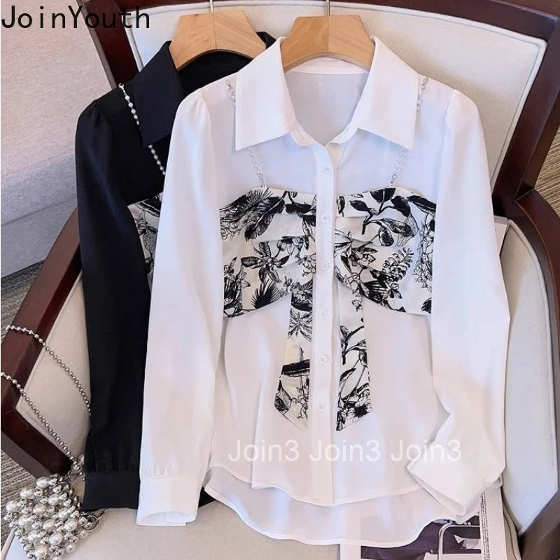 Fake Two Women Shirts 2025 Camisas De Mujer Long Sleeve Patchwork Print Blouses Beading Fashion Korean Blouse Tops Female 27y433