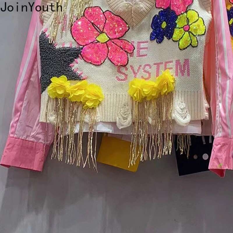 Patchwork Knitted Shirt Sequin Graffiti Long Sleeve Blouses Women Clothes Fashion Loose Korean Blouse Tops 2025 Camisas De Mujer