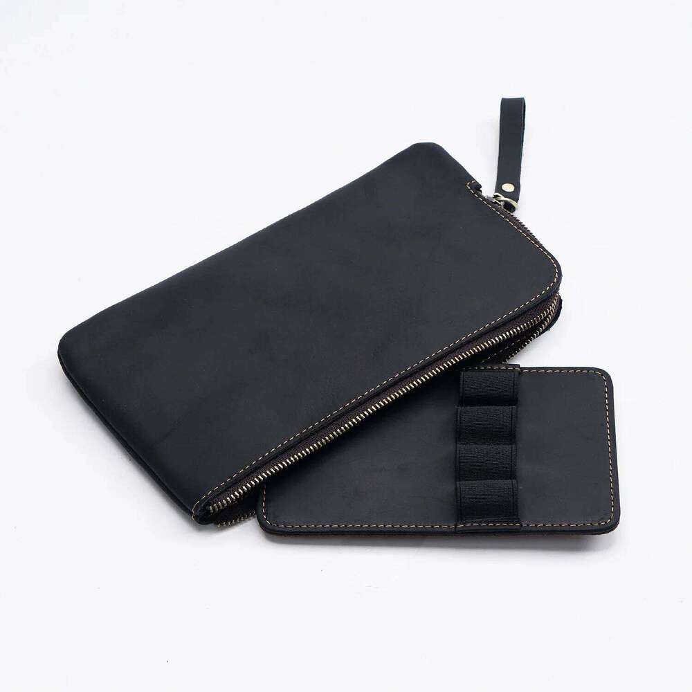 Handmade Zipper Case Leather For Men Women Holder Pouch Vintage Pen Box Organizer Boys Girls School Student Stationery