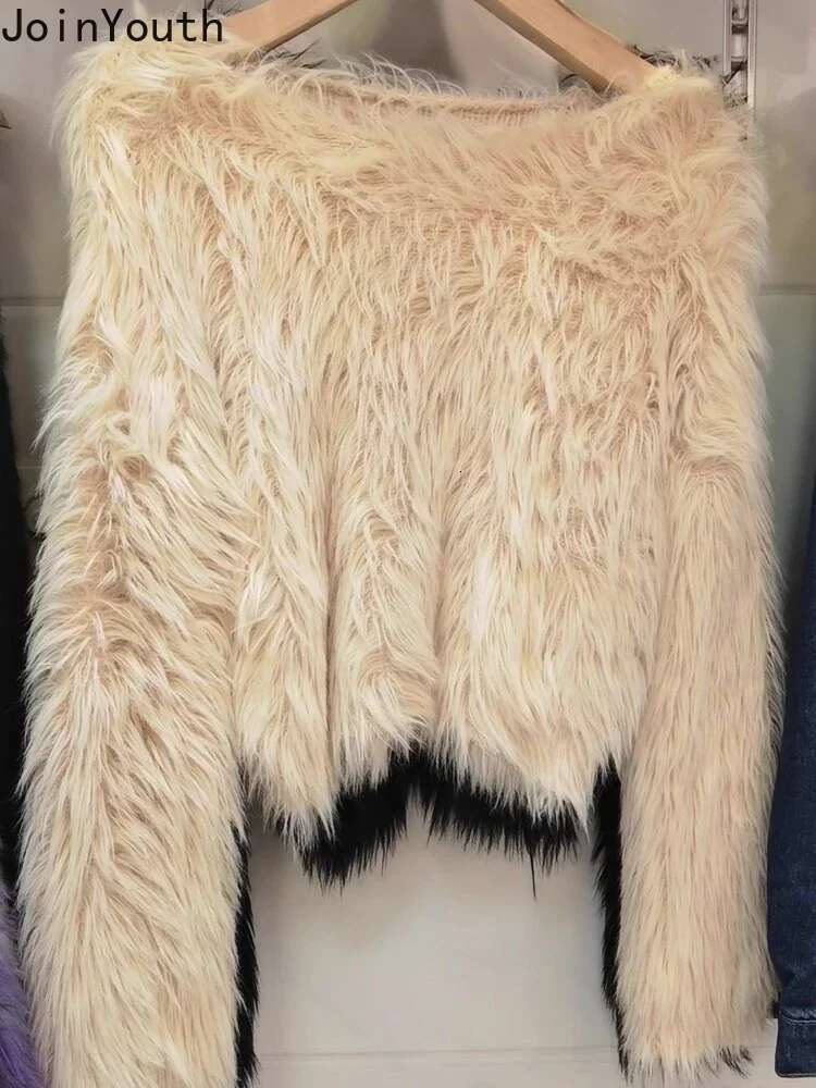 Furry Jumper Knitwear Pullovers 2025 Women Clothing Long Sleeve O-neck Temperament Pull Femme Fashion Sweet Knit Cropped Sweater