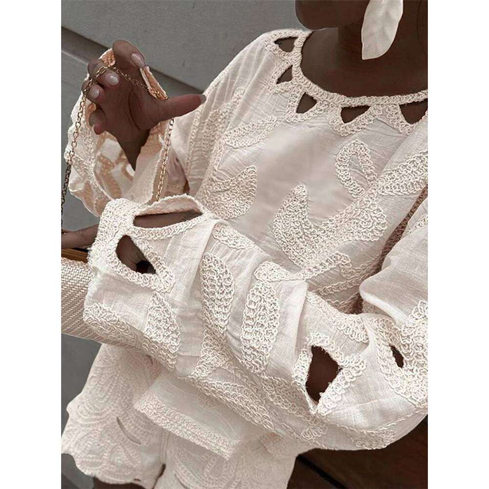 Hollow Out Embroidery Women Top Set Wave Cut High Waist Female Shorts Sets 2025 Spring O Neck Irregular Lady Vacation Outfits