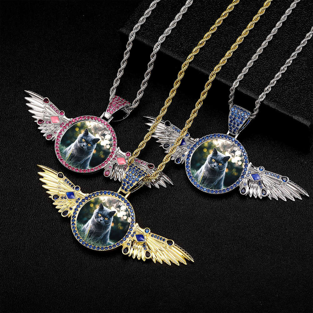 Hip Hop Personality Pendant Copper Inlaid Zircon Wings Retractable DIY Creative Photo Necklace Jewelry