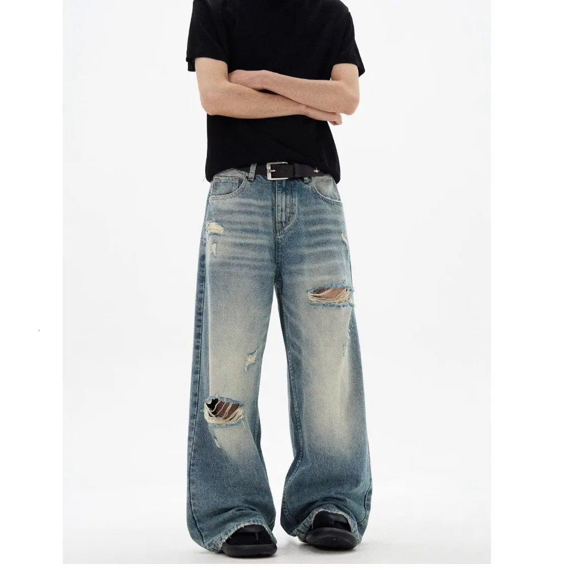 DM Mens Jeans Cat Whisker Ripped Summer Hole Stylish Loose Straight Wide Leg Male Casual Trousers 250618