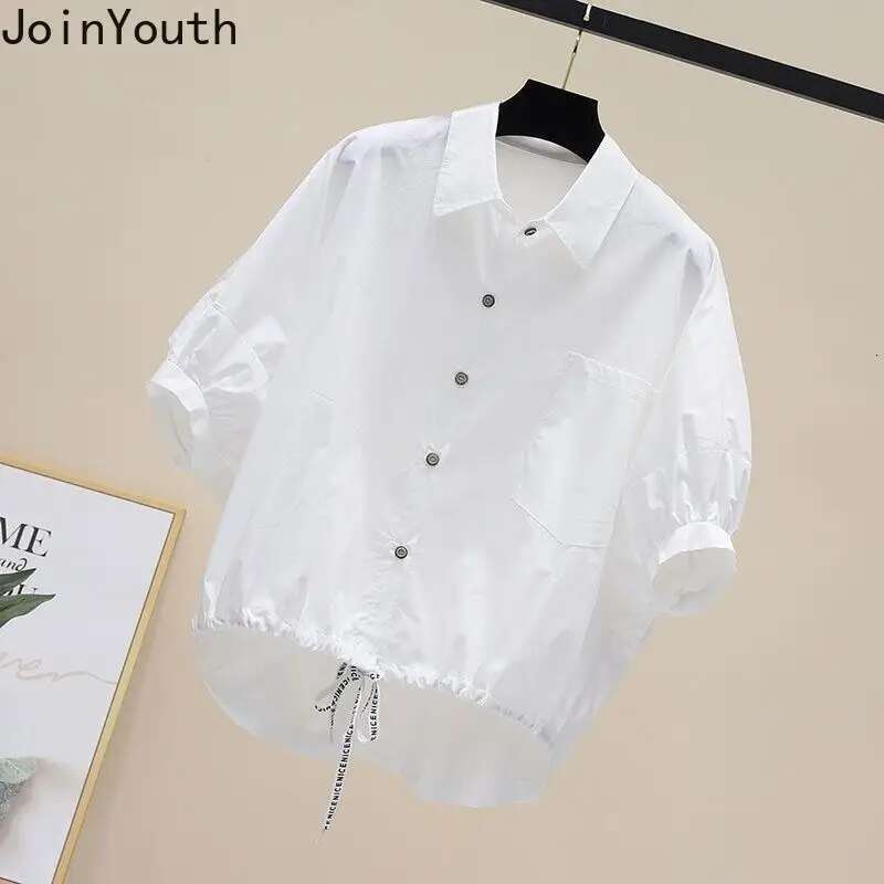 Short Sleeve Irregulat Shirts for Women 2025 Blusas Mujer De Moda Korean Oversized Tops Casual Fashion Drawstring White Blouses