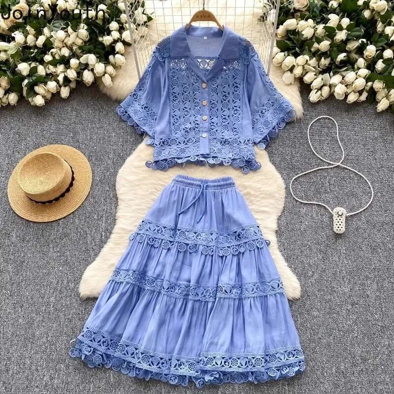 Skirt Suit 2 Piece Sets Women Outfits Short Sleeve Hollow Out Blouses Slim Waist Patchwork Lace A-line Skirts Set Summer Clothes