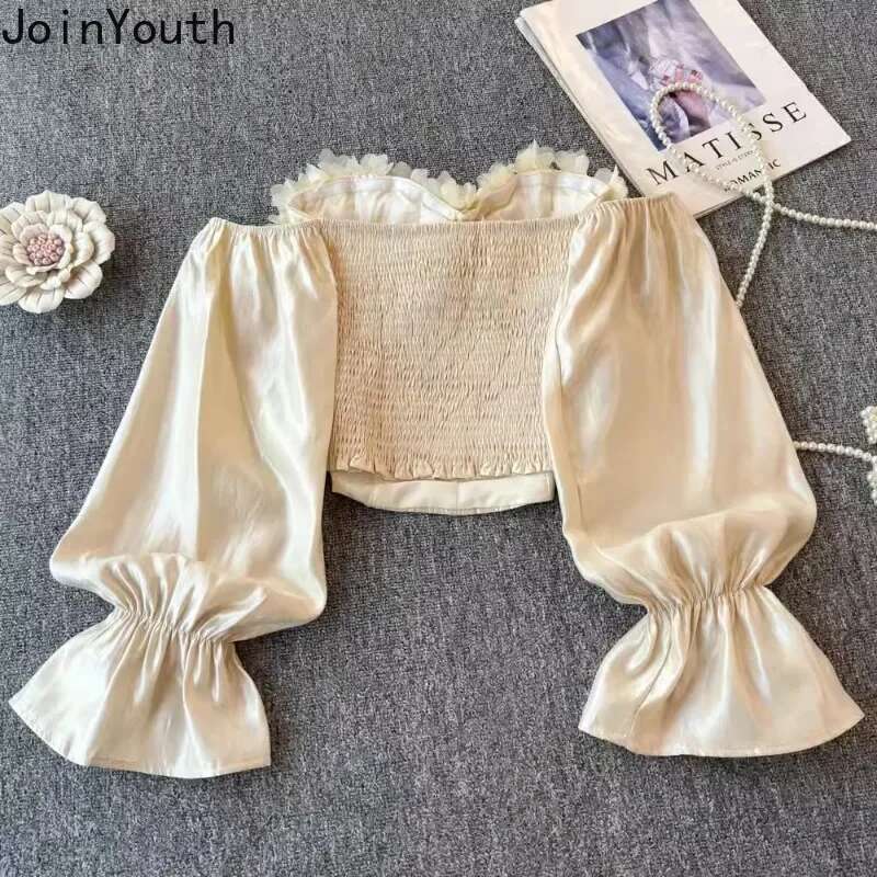 Blouse Women Sexy Slash Neck Long Sleeve Crop Tops 2025 Camisas De Mujer Solid Color Fashion Korean 3D Floral Blouses Shirts