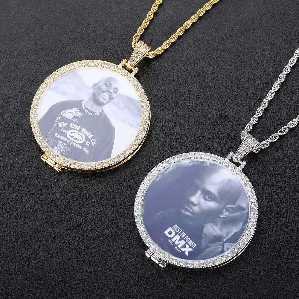 Pendant Micro Paved Zircon Trendy Flip Cover Round Photo Frame Necklace Hip Hop Accessories 2441