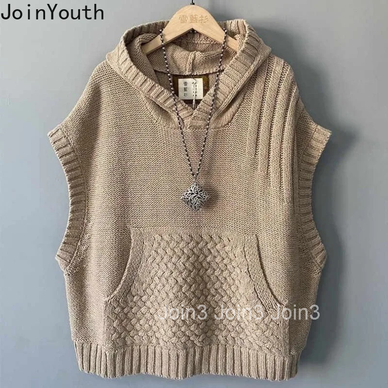 2025 Women Clothing Knitting Sweater Vest Hooded Casual Fashion Waistcoat Solid Color Casual Oversized Tops Korean Tanks Tops
