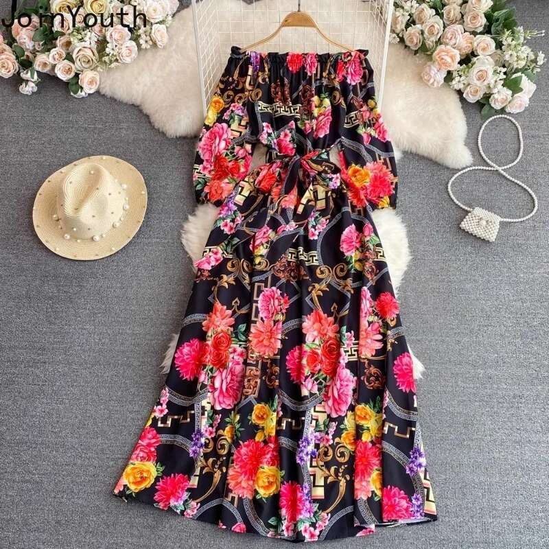 2025 Vestidos De Mujer Elegant Dresses for Women Slim Waist Slash Neck Floral A-line Robe Femme Off Shoulder Summer Chic Dress
