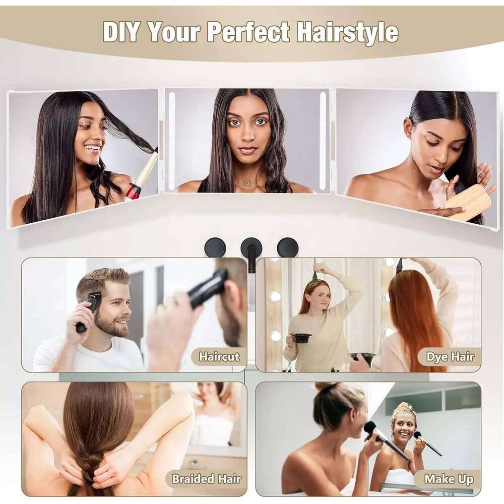 LED Lights 3 Way For Hair Cutting Rechargeable 360° Self Haircut Mirror With Height Adjustable Hooks