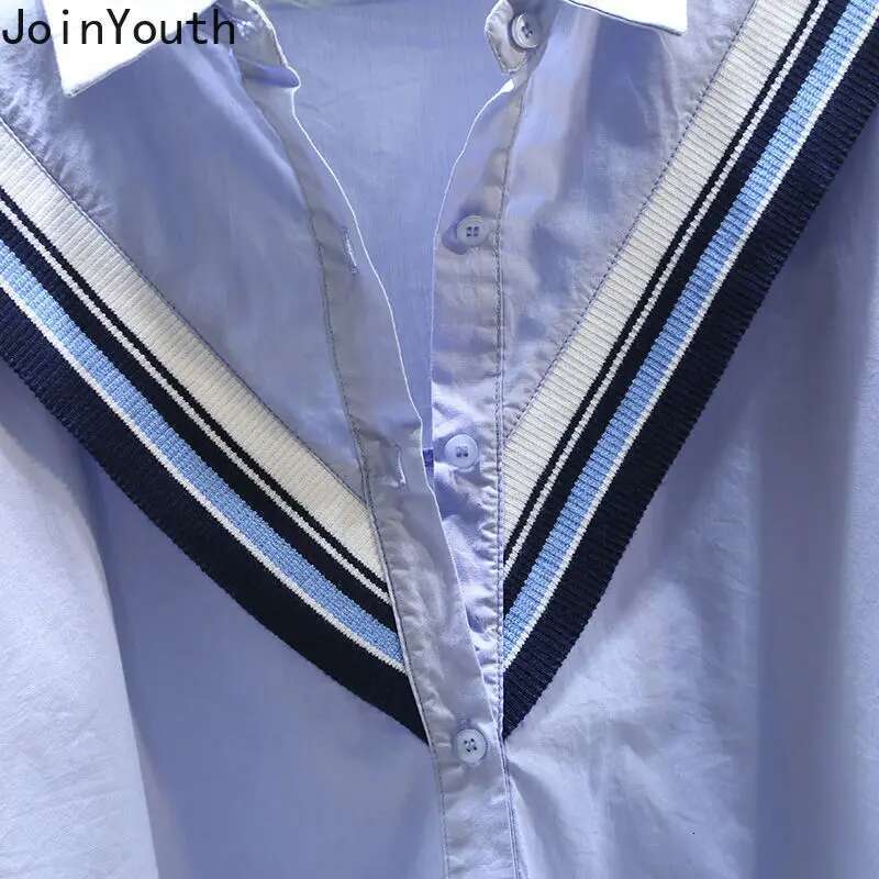 Cotton Long Sleeve Shirts Womens Clothing Loose Casual Blouses Patchwork Knit Striped Blusas Mujer 2025 Korean Ruffles Tops